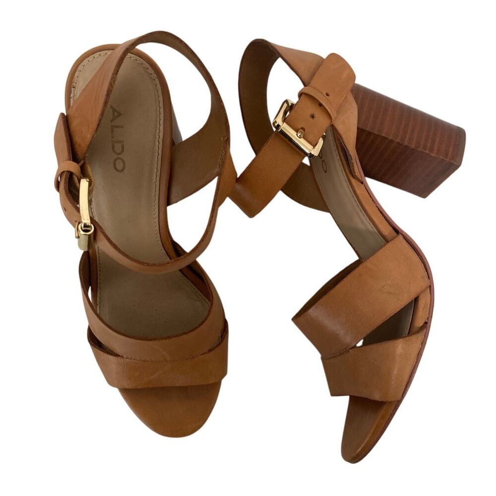 Aldo Sandals Womens 7 Block Heel Timeless Classy Capsule Wardrobe Cognac Glam
